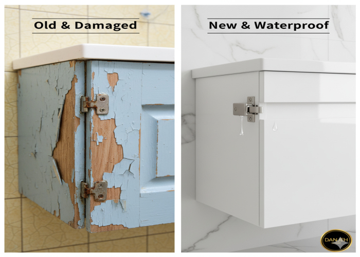 حل مشکل باد کردن کابینت روشویی: راهنمای خرید روشویی ۱۰۰٪ ضد آب (مخصوص هوای شمال) مقایسه دو کابینت روشویی: سمت چپ، کابینت قدیمی و پوسیده چوبی با رنگ کنده شده؛ سمت راست، کابینت روشویی PVC جدید و سفید رنگ، نمایش تفاوت مقاومت در برابر آب