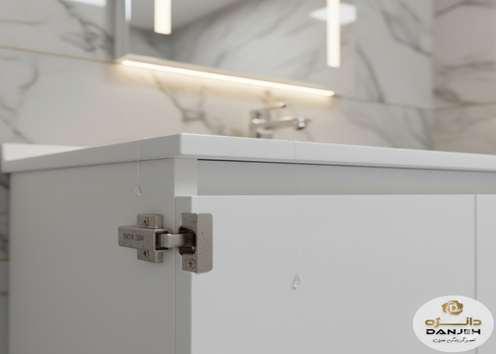 حل مشکل باد کردن کابینت روشویی: راهنمای خرید روشویی ۱۰۰٪ ضد آب (مخصوص هوای شمال) نمای نزدیک از کابینت روشویی PVC سفید رنگ با لولای استیل ضد زنگ (Stainless Steel 304) و قطرات آب روی سطح، نشاندهنده کیفیت ساخت و مقاومت کامل در برابر رطوبت