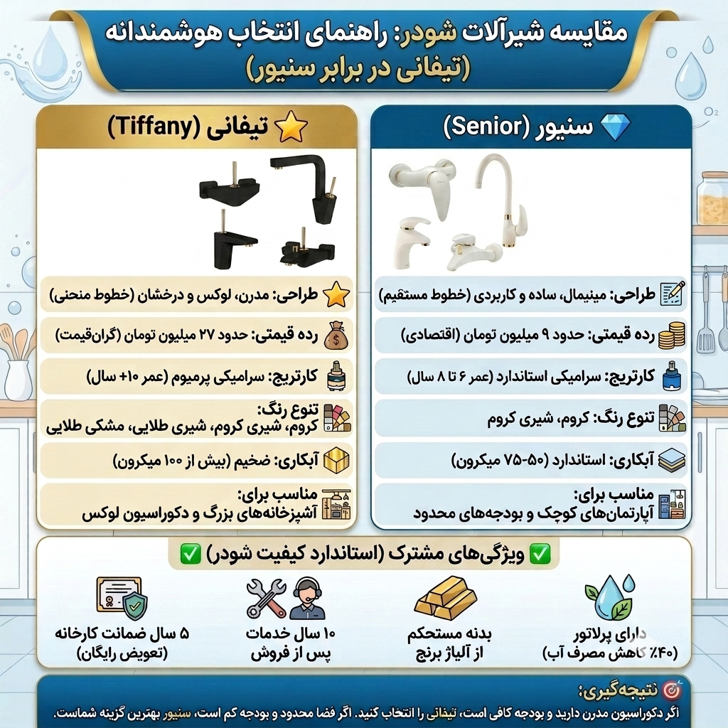 نقد و مقایسه شیرآلات شودر مدل تیفانی و سنیور مقایسه سریع: تیفانی vs سنیور