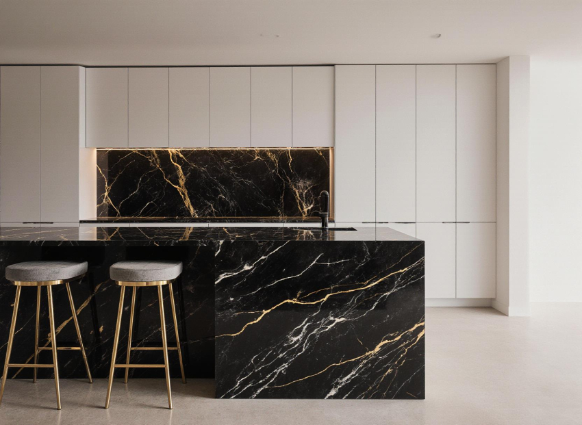 ایده های خلاقانه استفاده از اسلب آشپزخانه در طراحی کانتر، جزیره و دیوار لوکس