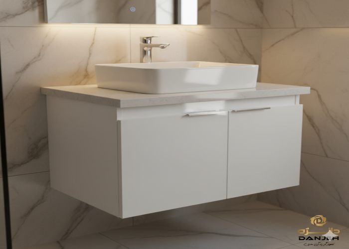 حل مشکل باد کردن کابینت روشویی: راهنمای خرید روشویی ۱۰۰٪ ضد آب (مخصوص هوای شمال) روشویی کابینتی دیواری سفید رنگ و مدرن از جنس PVC با شیرآلات کروم، نصب شده در حمام با دیوار سرامیکی طرح مرمر، نشاندهنده مقاومت در برابر رطوبت